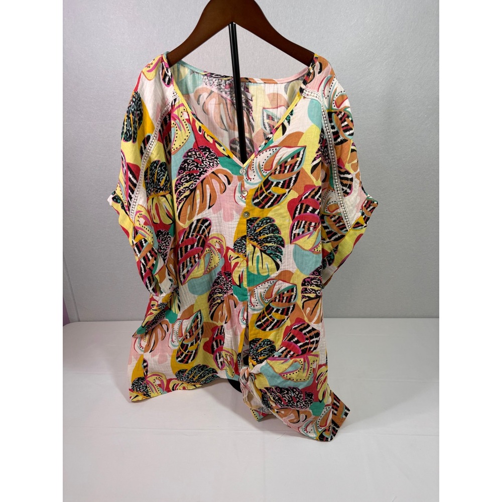 Mirror Image Womens 3X Tropical Leaf Print Cotton‎ Button Front Tie Hem Blouse